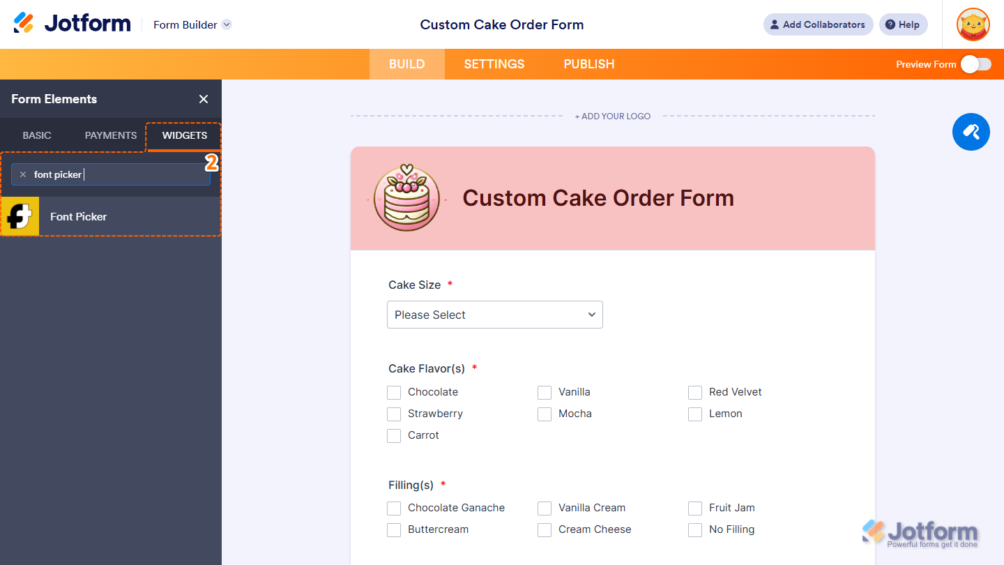 Font Picker Input element under the Widgets tab of the Form Elements menu in Jotform Form Builder