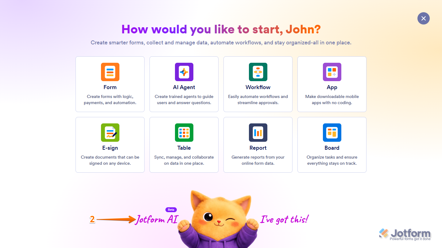 Jotform AI Banner in the Select Asset window on the Workspace page