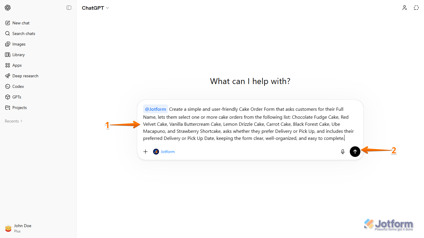 Create Form prompt for Jotform App in the ChatGPT prompt box