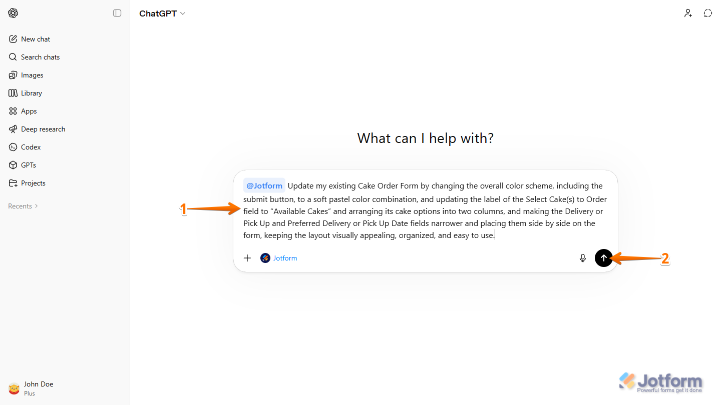 Customize Form prompt for Jotform App in the ChatGPT prompt box
