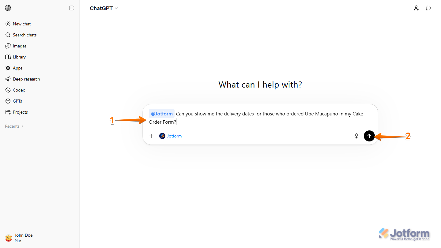 View submissions prompt for Jotform App in the ChatGPT prompt box