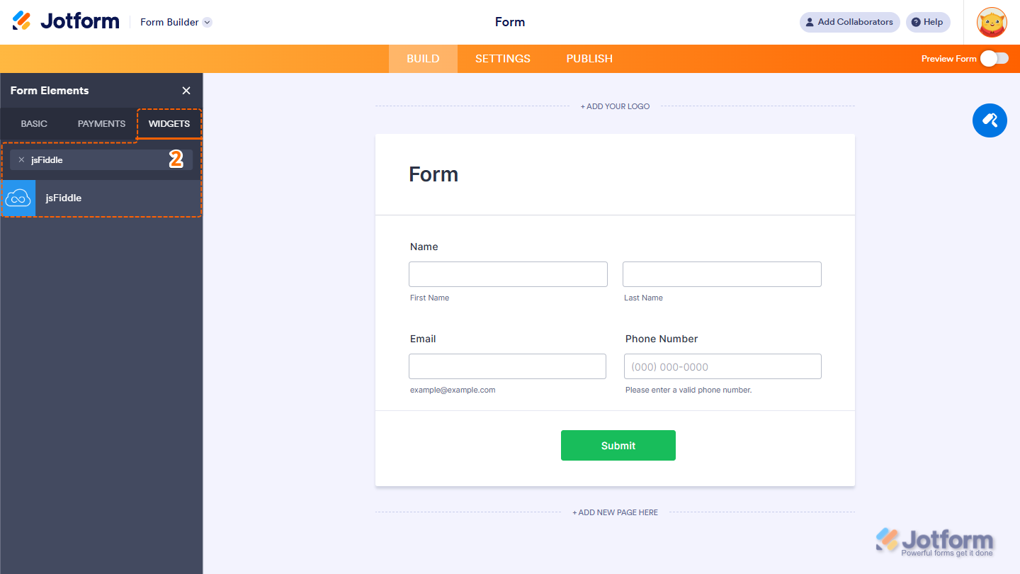Form Elements Widgets tab showing JSFiddle widget search and selection in Jotform