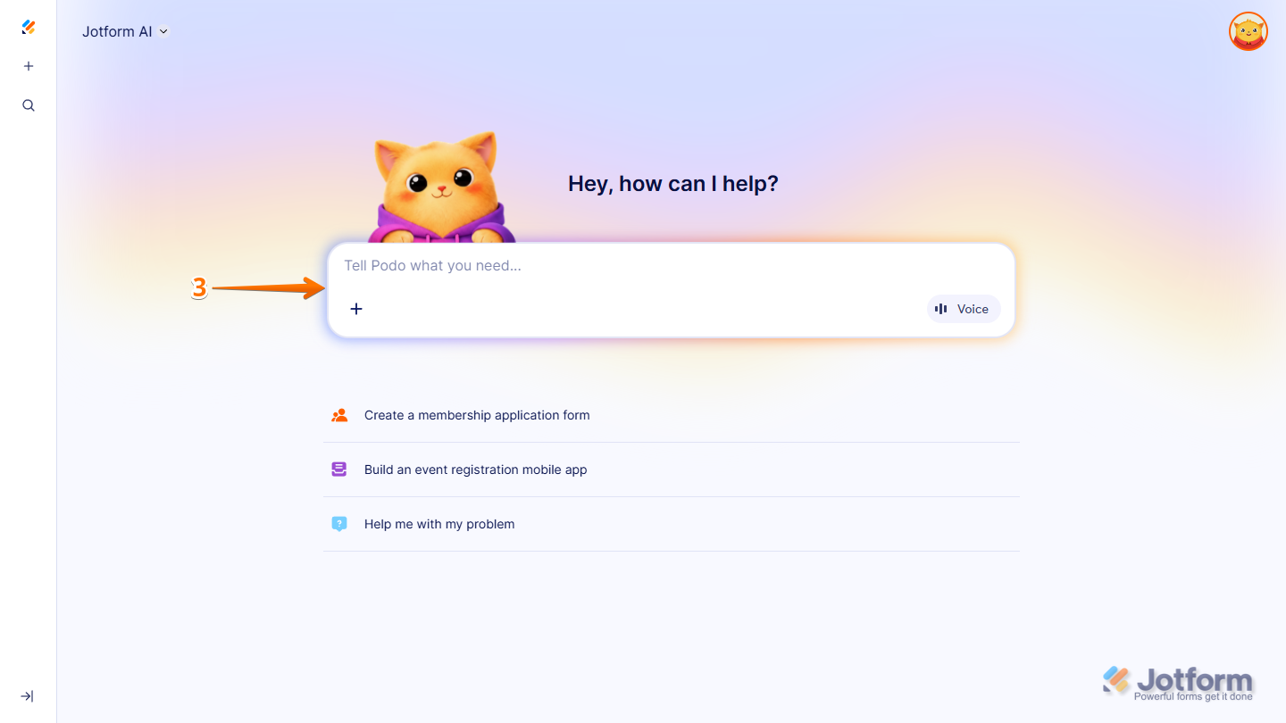 Prompt box on the Jotform AI page