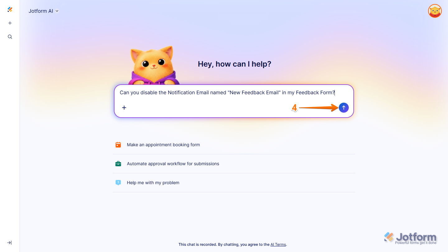 Disable Notification Email prompt on the Jotform AI page