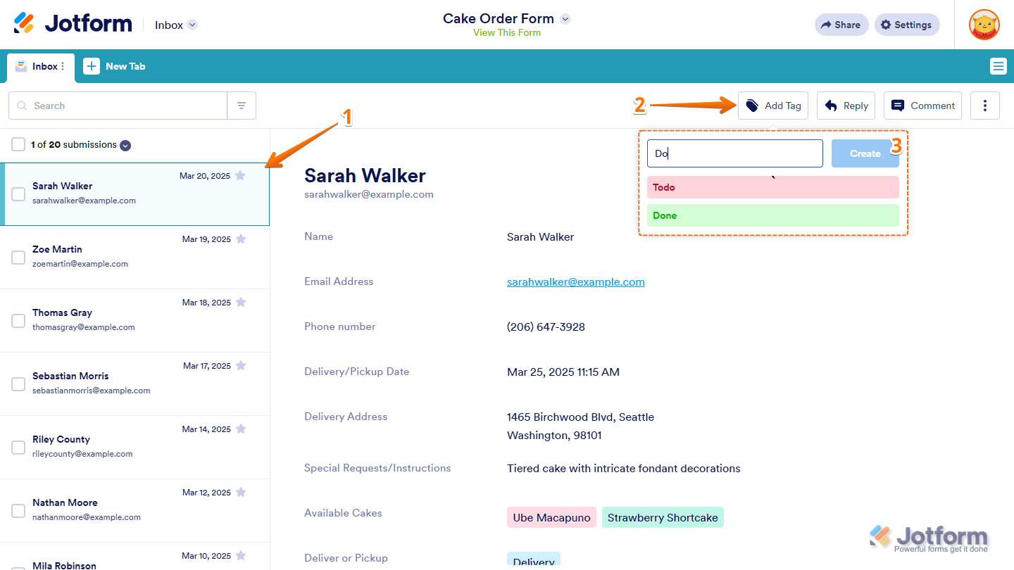 Available tags in the Tag menu in Jotform Inbox