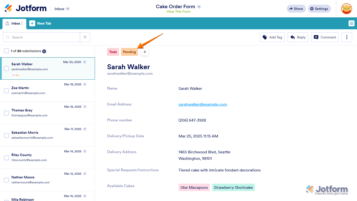 New tag at the top of the submission title in Jotform Inbox