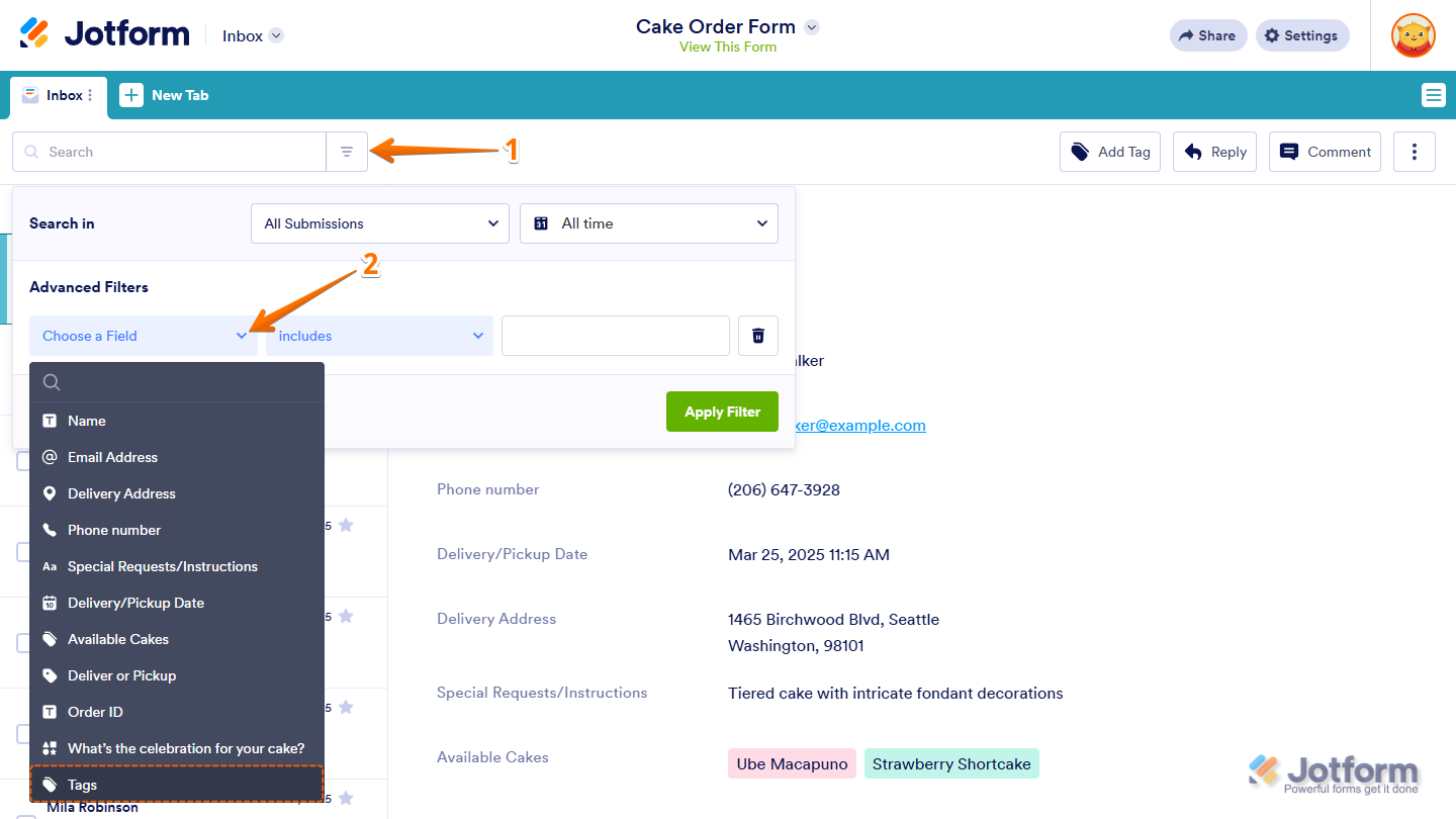 Choose a Field Dropdown menu in the Advanced Filters section of the Filter menu in Jotform Inbox