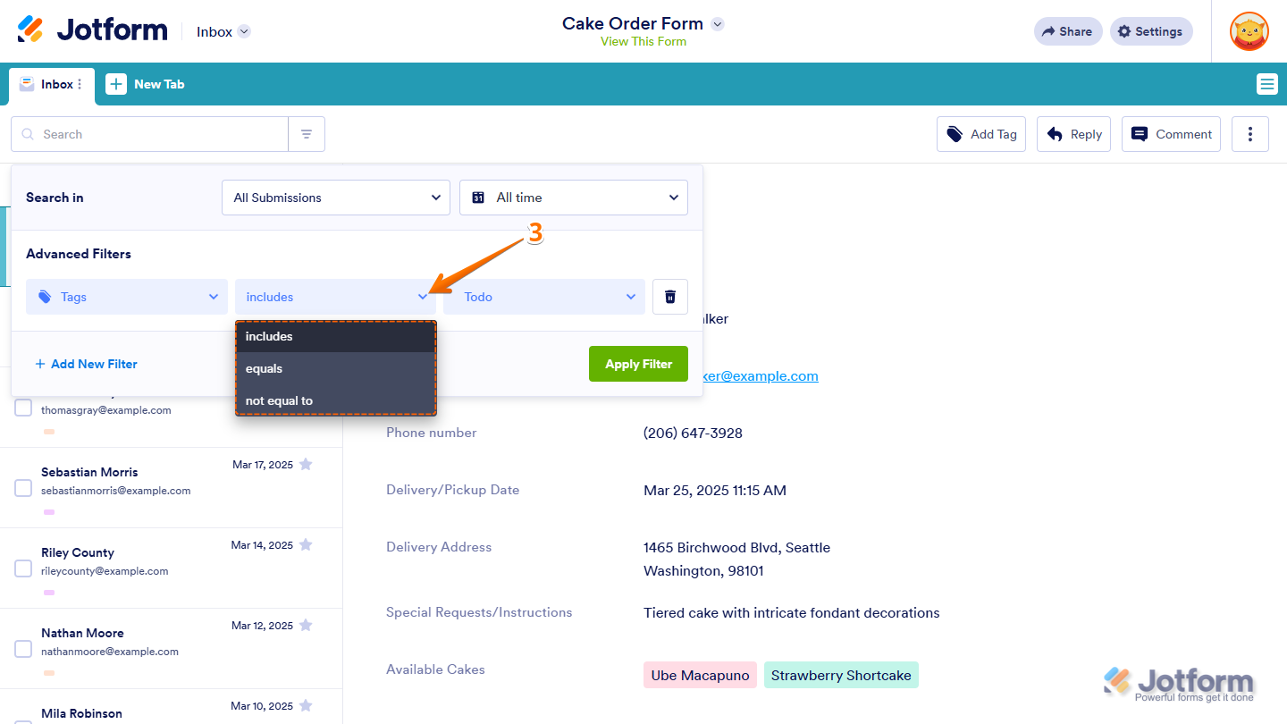 Filter Conditions Dropdown menu in the Advanced Filters section of the Filter menu in Jotform Inbox