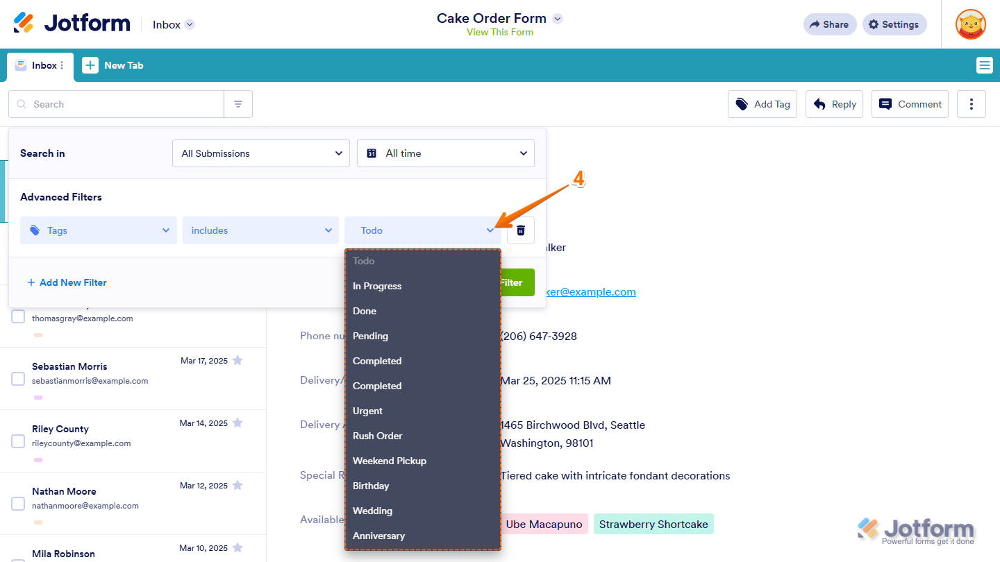 Tag Options Dropdown menu in the Advanced Filters section of the Filter menu in Jotform Inbox