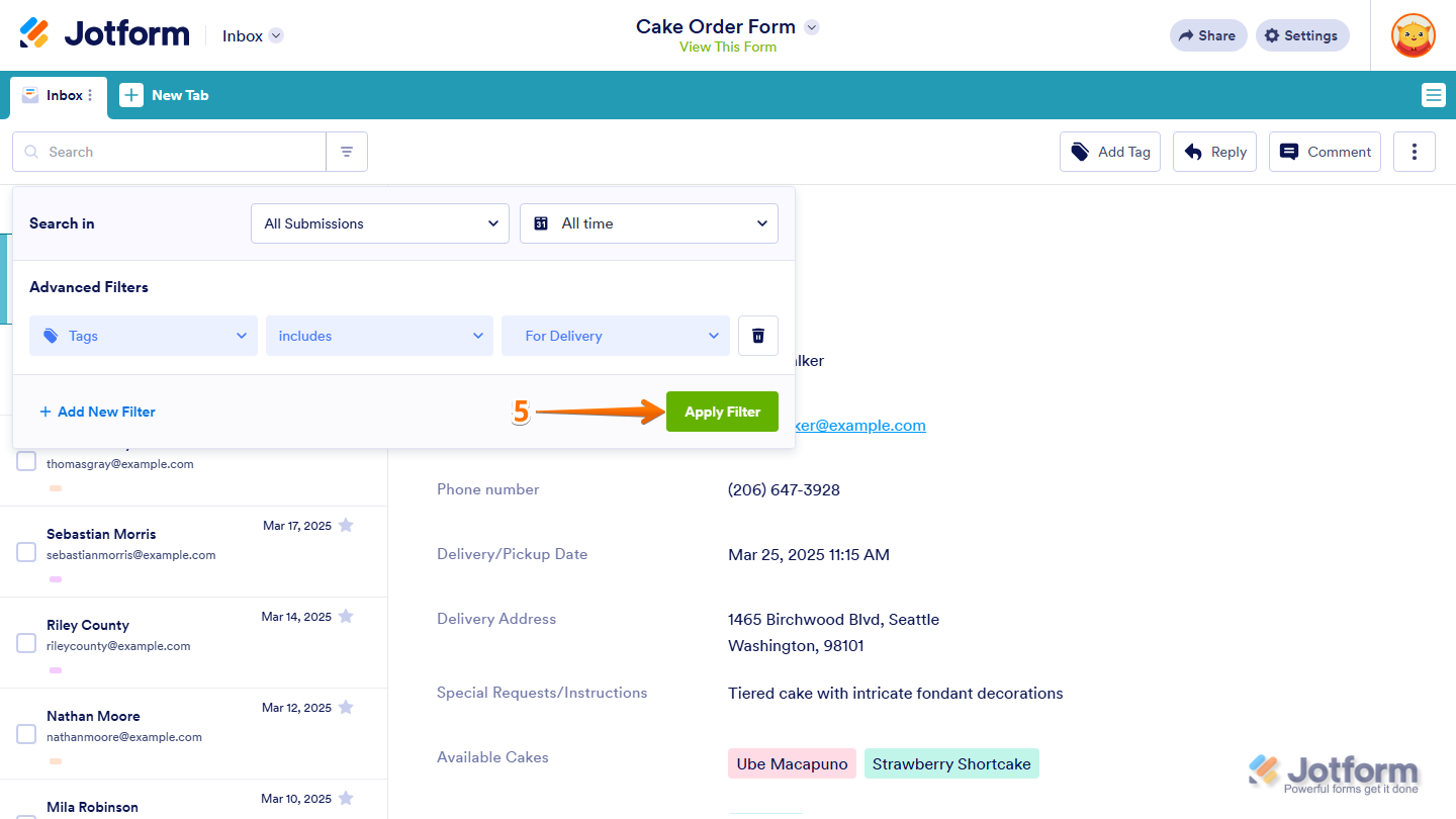 Apply Filter button in the Advanced Filters section of the Filter menu in Jotform Inbox