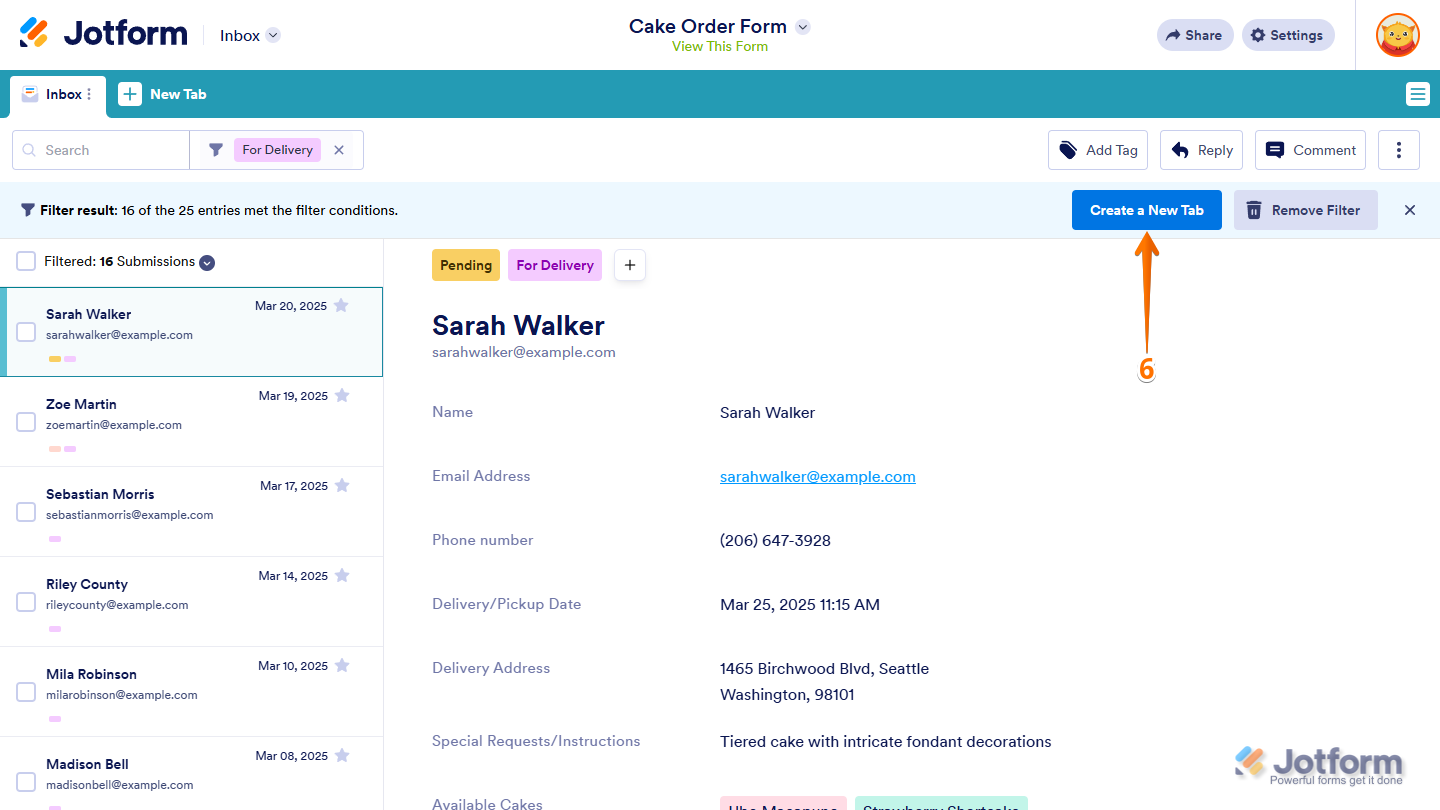 Create a New Tab button for filtered submission results in Jotform Inbox