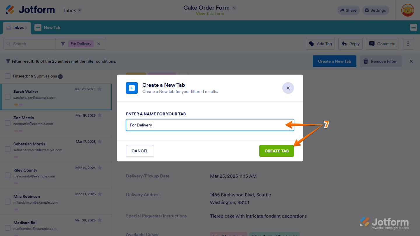 Enter Tab Name Inbox box and Create Tab button in the Create a New Tab window in Jotform Inbox