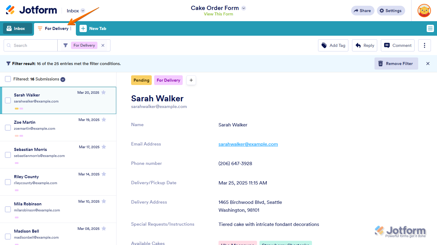 New Tab for filtered submissions results based on selected tag in Jotform Inbox