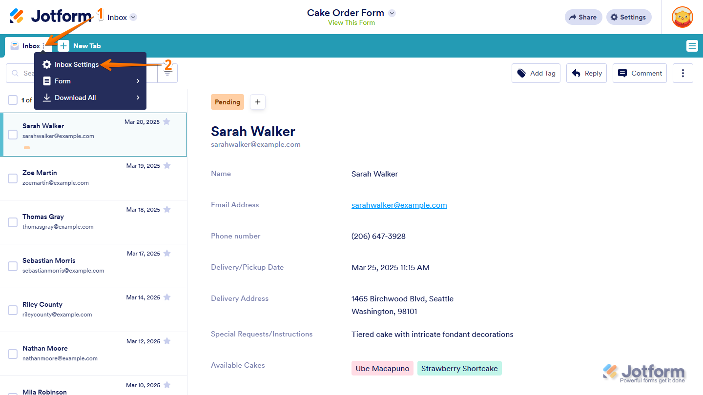 Inbox Settings option in the main tab menu in Jotform Inbox