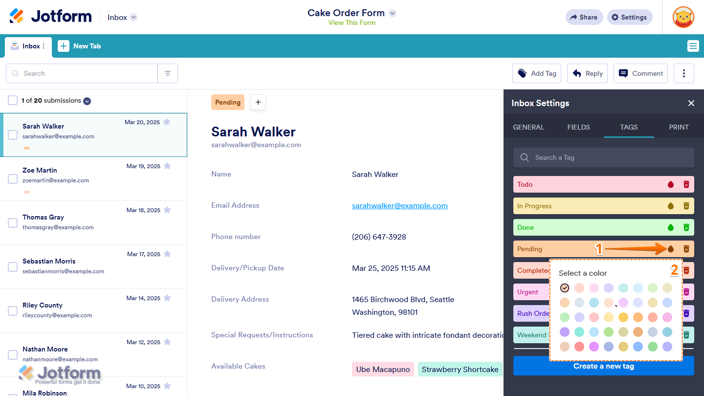 Ink Drop icon and Select a Color menu under the Tags tab in the Inbox Settings menu in Jotform Inbox