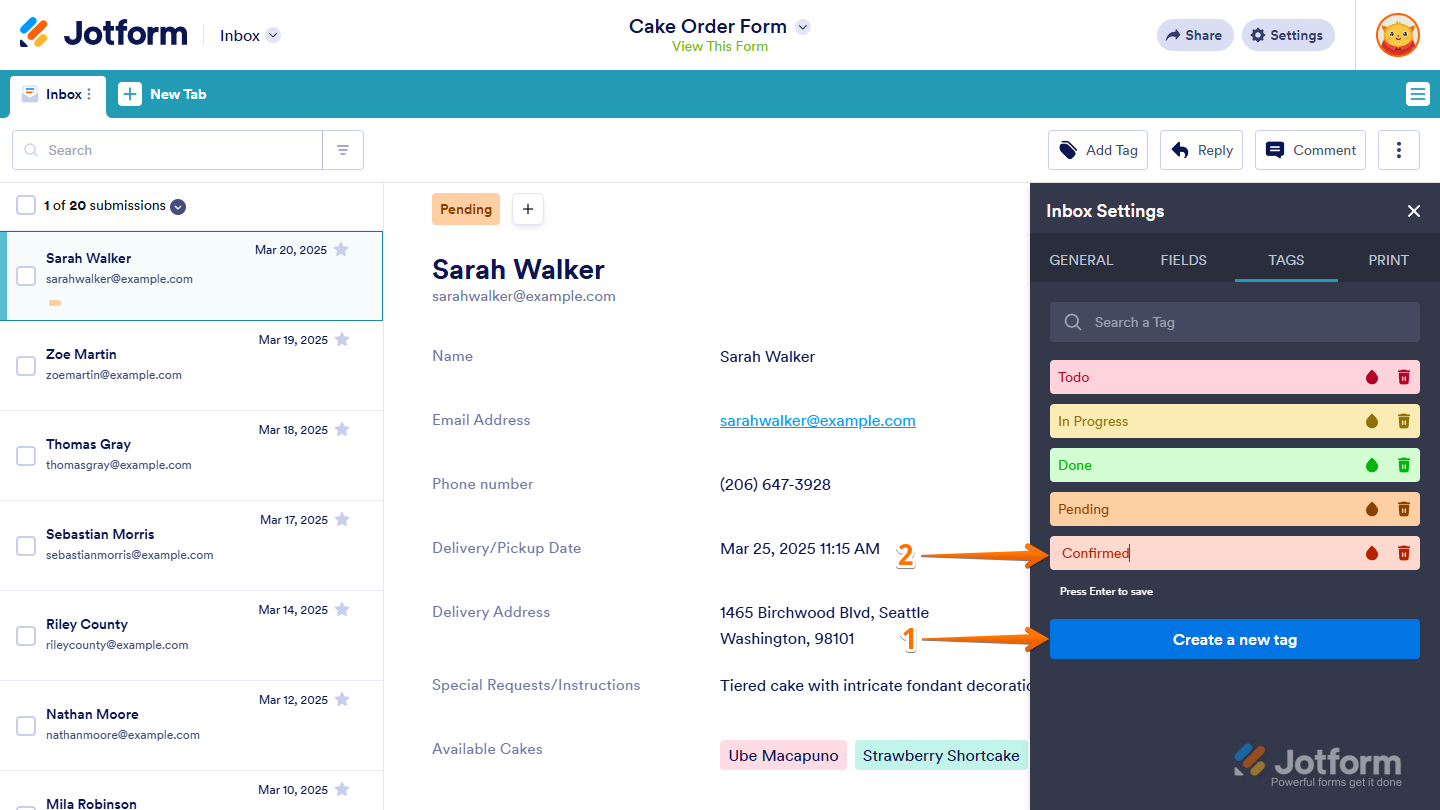 Create a New Tag button under the Tags tab in the Inbox Settings menu in Jotform Inbox