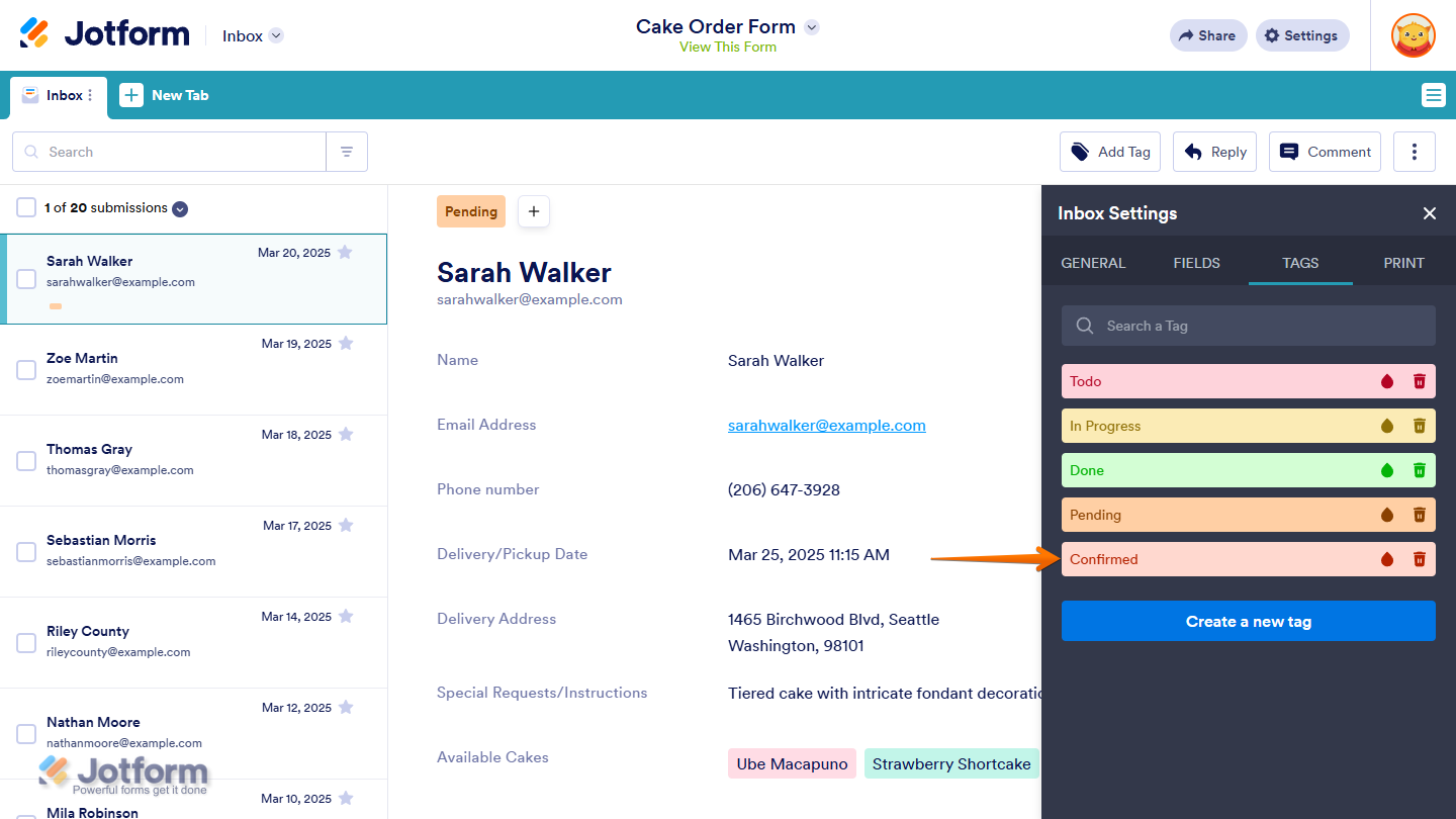 Newly added tag under the Tags tab in the Inbox Settings menu in Jotform Inbox