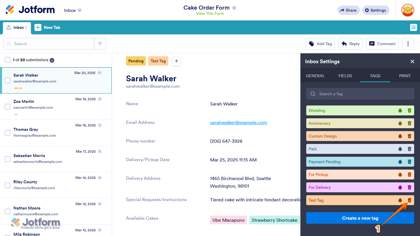Tag Trash icon under the Tags tab in the Inbox Settings menu in Jotform Inbox