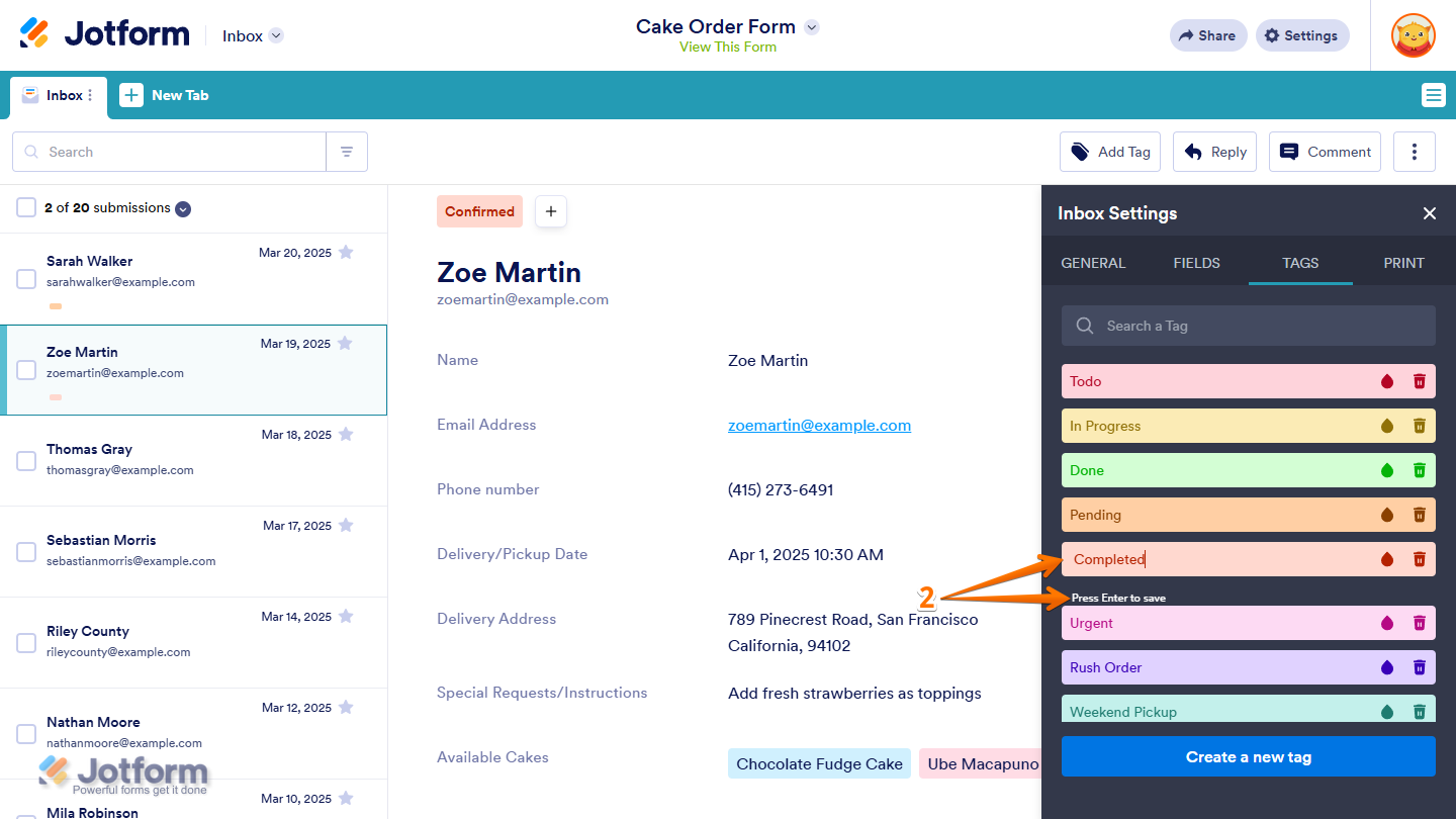 New tag name under the Tags tab in the Inbox Settings menu in Jotform Inbox