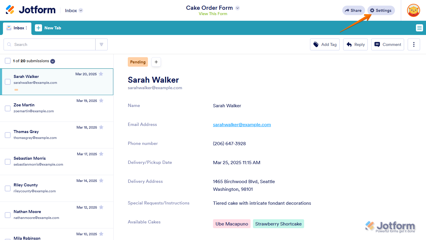 Settings button in Jotform Inbox