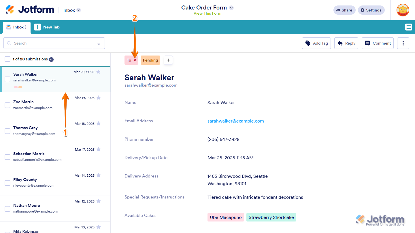 X button on tag in Jotform Inbox