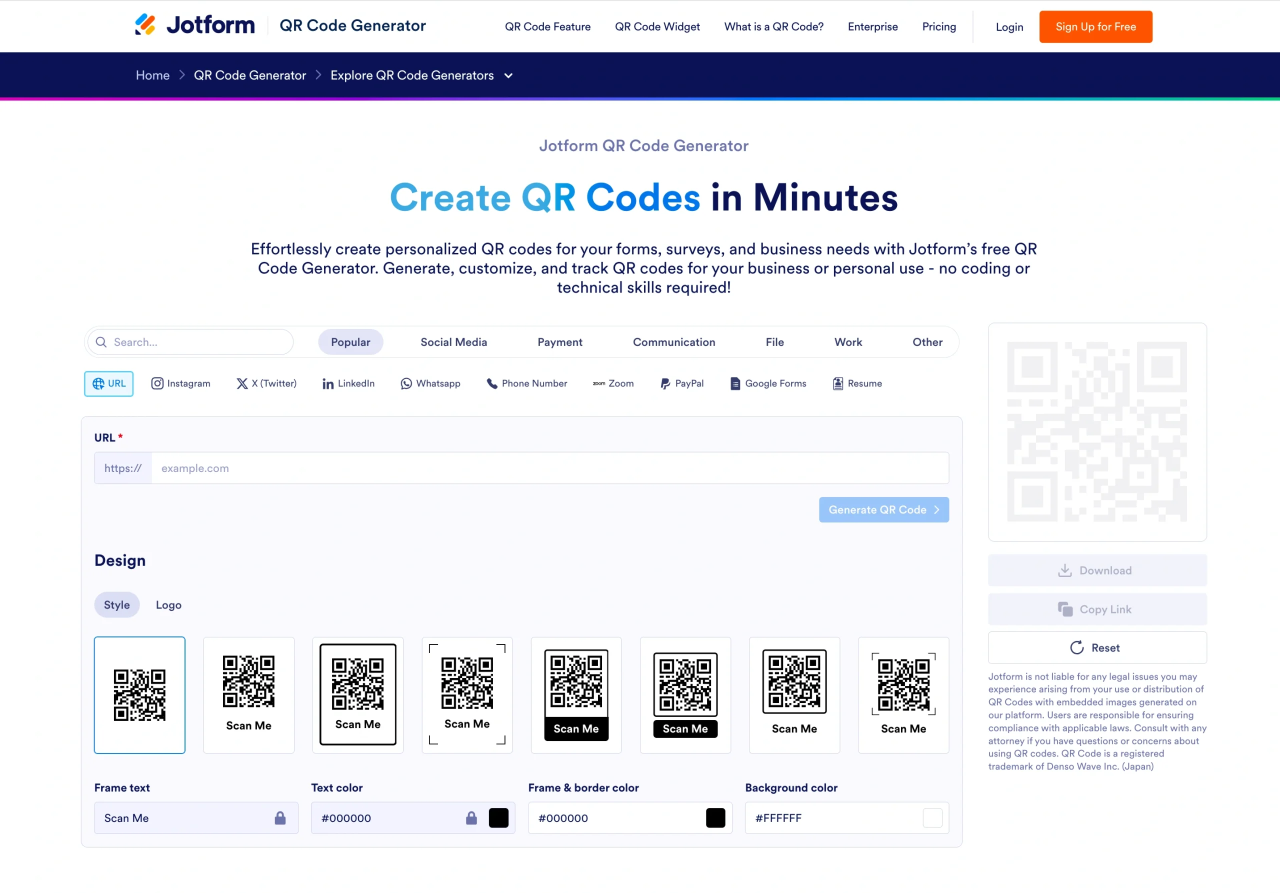 Screenshot of Jotform QR Code Generator's landing page, showing a headline "Create QR Codes in Minutes"
