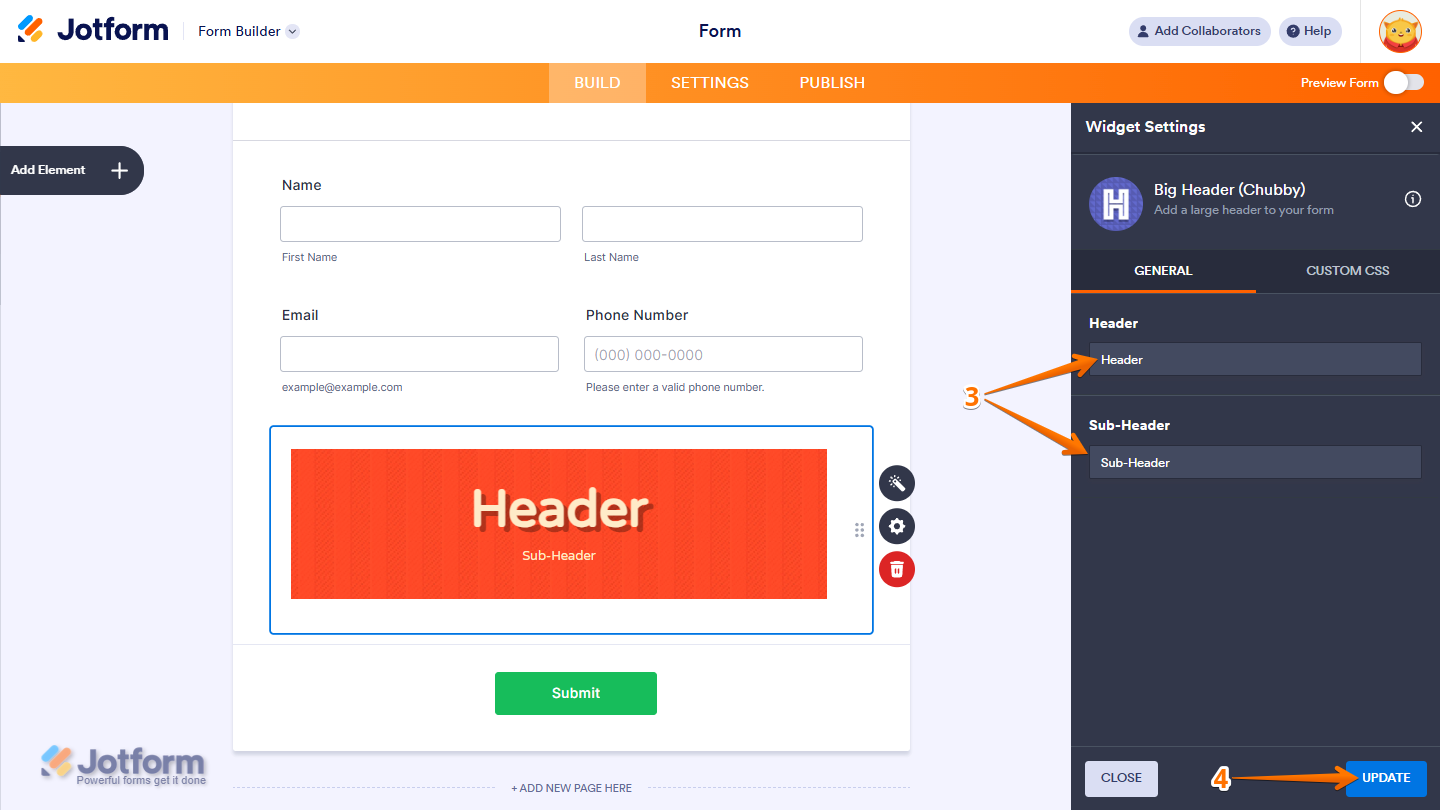Widget Settings General tab showing Header and Sub-Header fields and Update button in Jotform