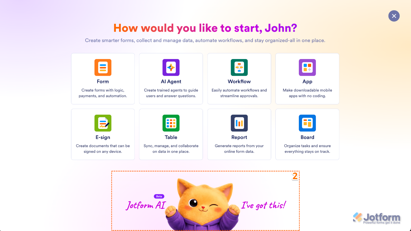 Clicking the Jotform AI in the form creation window to start building a form using AI features