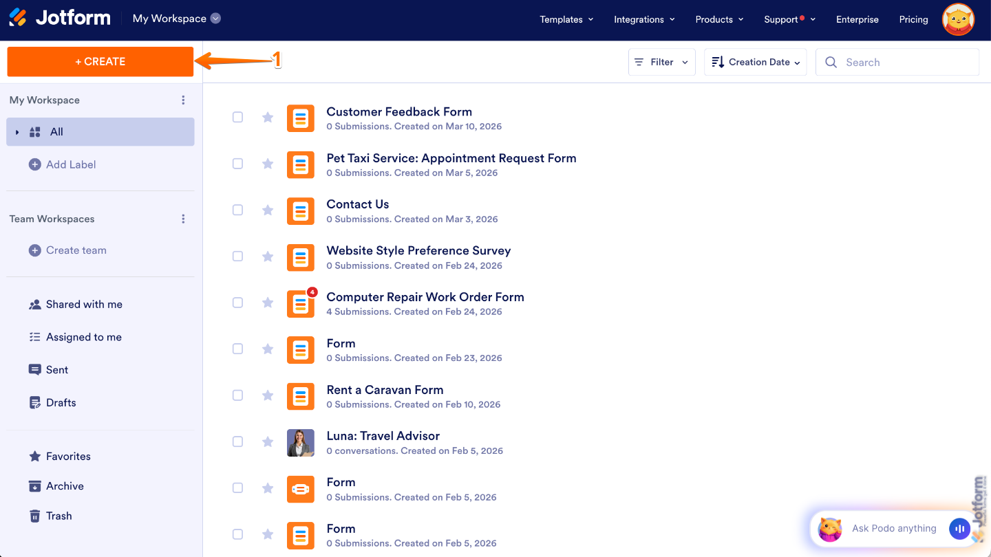 Workspace page showing the Create button in the top-left corner for starting a new form