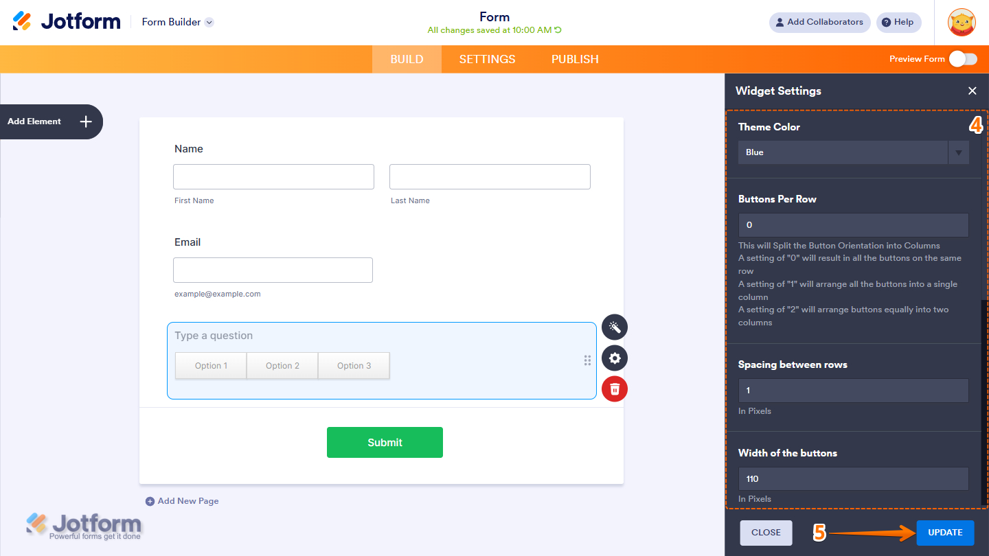 Theme Color, Buttons Per Row, Spacing Between Rows, and Width of the Buttons options in the Button Checkboxes widget settings
