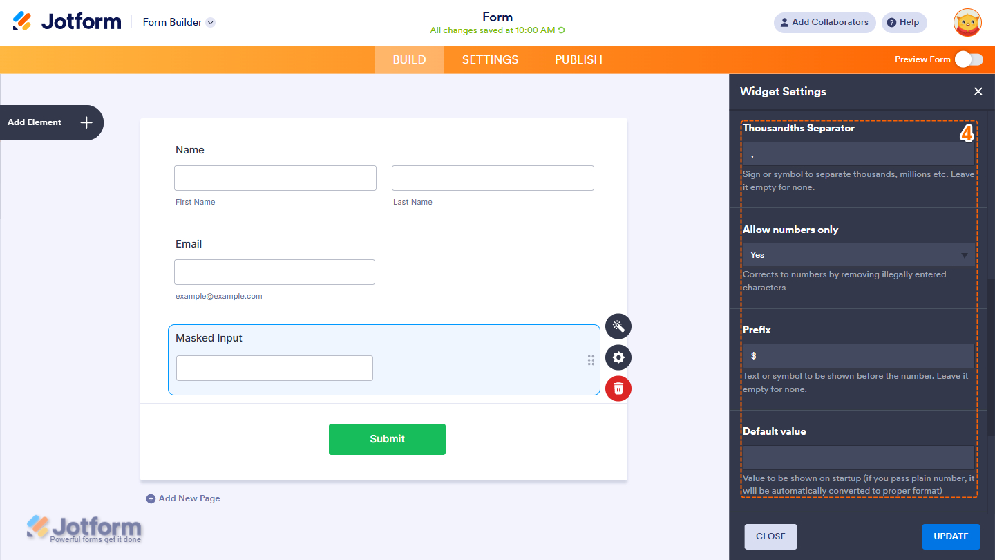Thousands Separator, Allow Numbers Only, Prefix, and Default Value options in the Masked Input Widget Settings menu