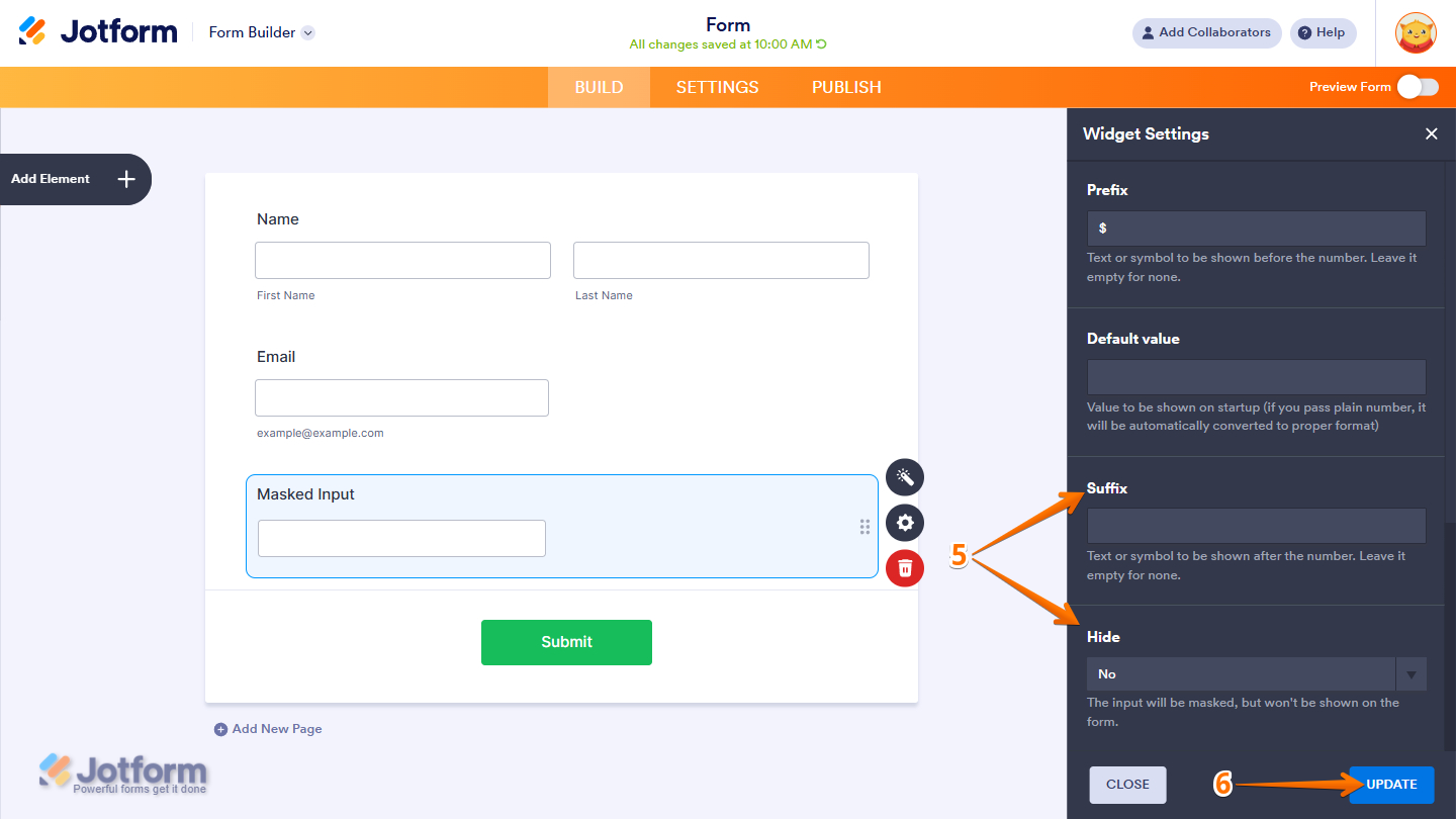 Suffix, Hide options and Update button in the Masked Input Widget settings menu