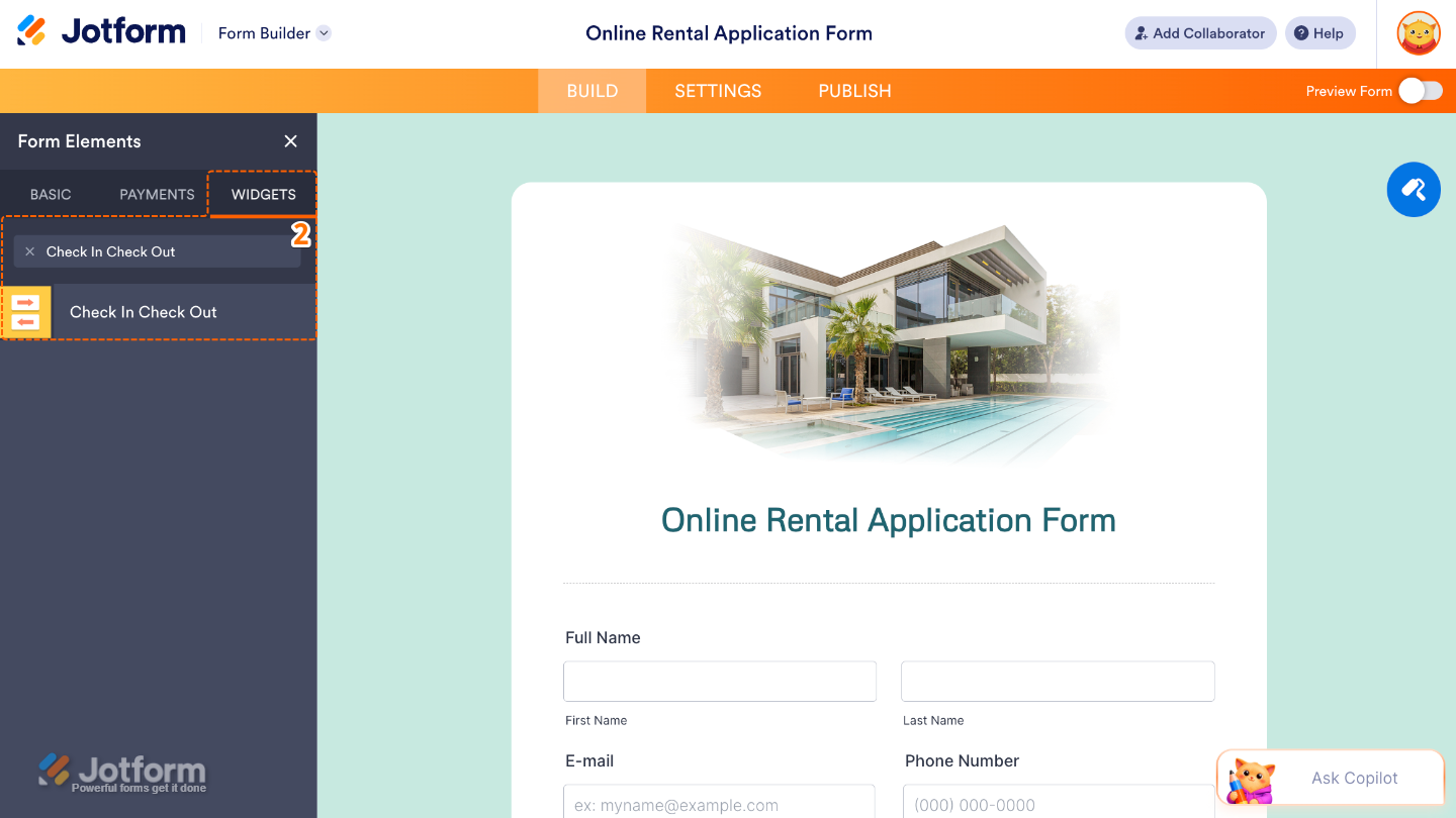 Form Elements panel under the Widgets tab showing the Check In Check Out widget being searched and added to a form
