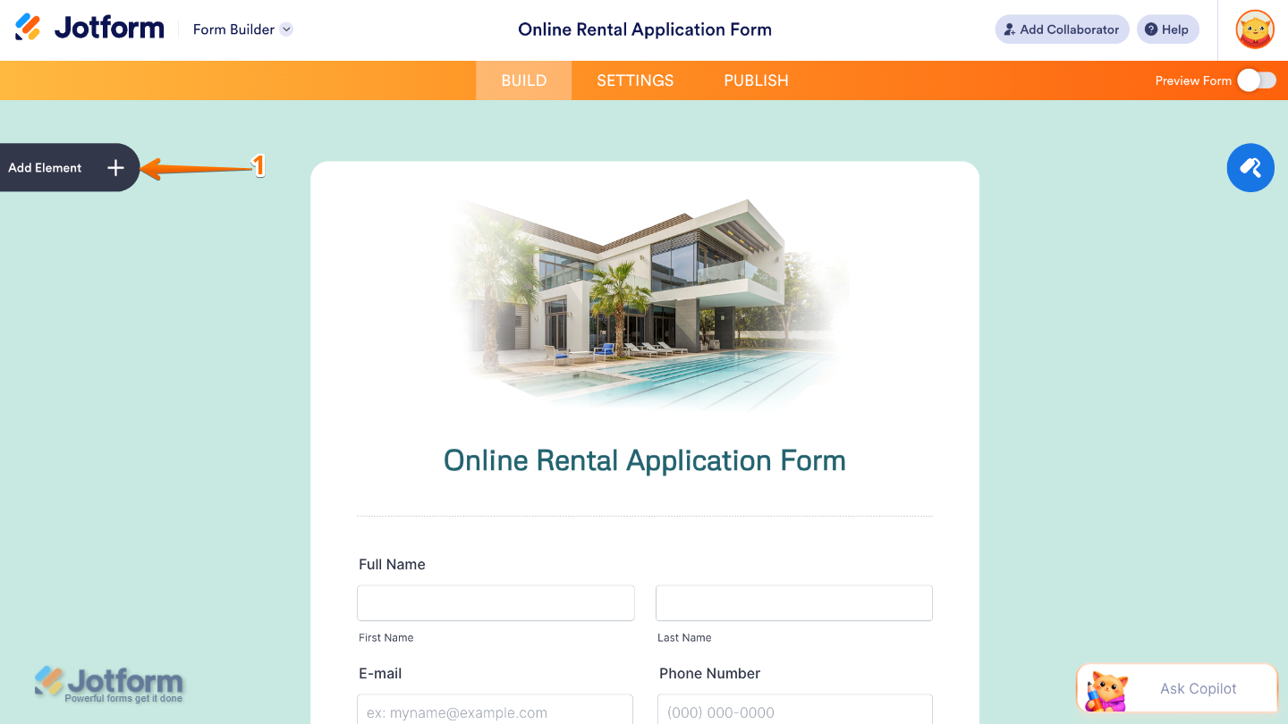 Form Builder interface highlighting the Add Element button on the left panel used to add new fields to a form