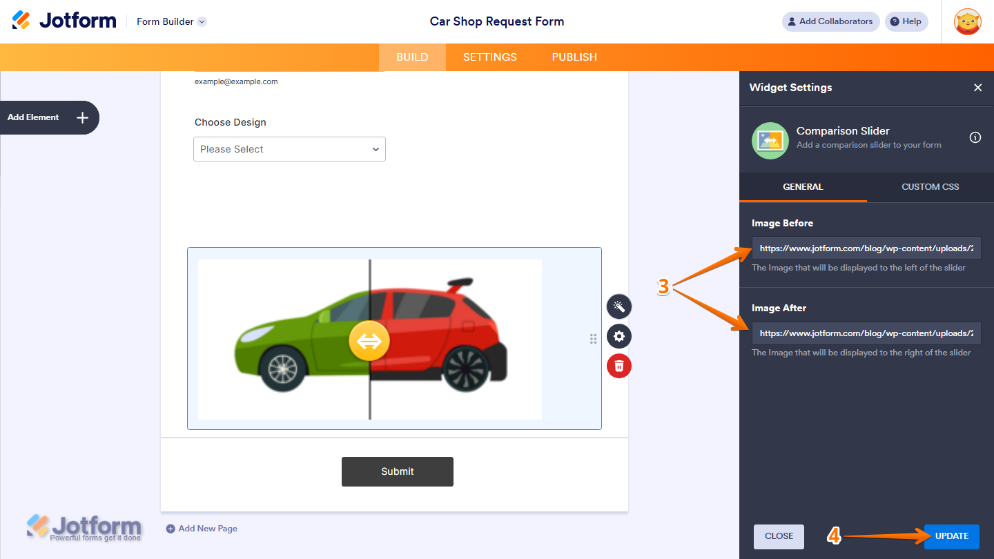 Comparison Slider widget General settings showing Image Before Image After fields and Update button in Jotform