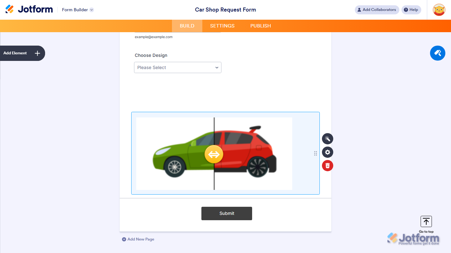 Comparison Slider widget successfully added and configured on a Jotform form