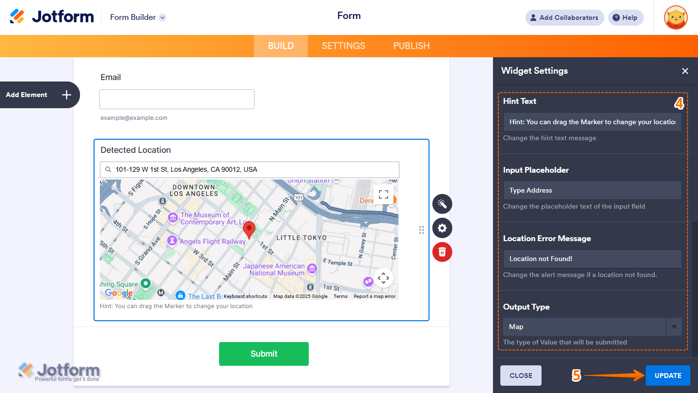 Hint Text, Input Placeholder, Location Error Message, and Output Type in the GPS Location widget settings