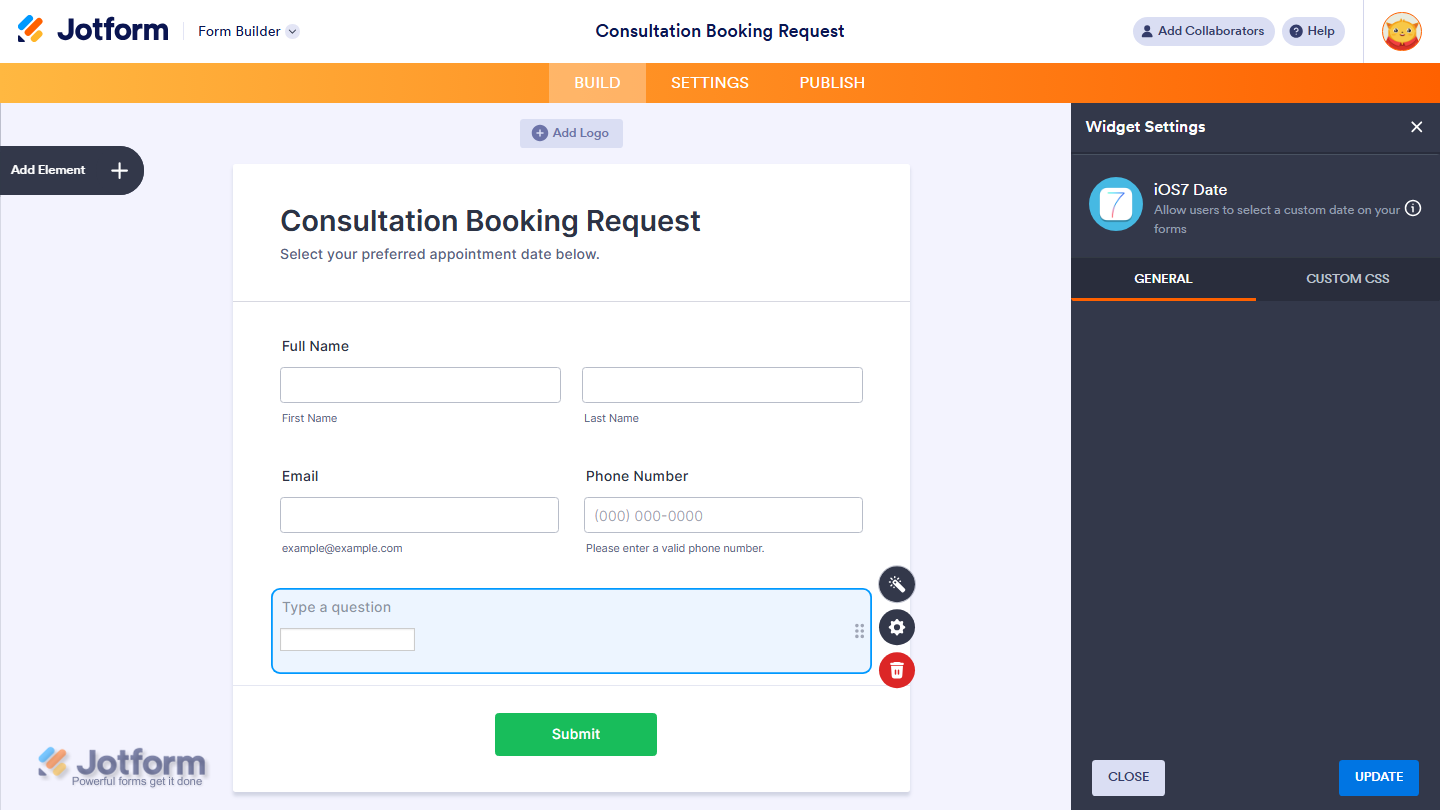 iOS7 Date widget successfully added and configured on a Jotform form