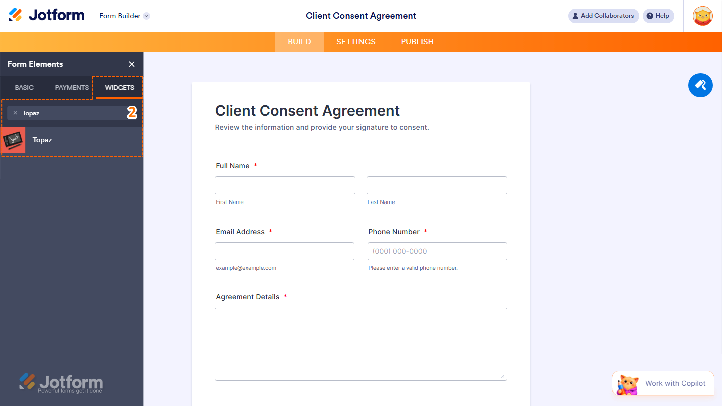 Form Elements Widgets tab showing Topaz widget search and selection in Jotform