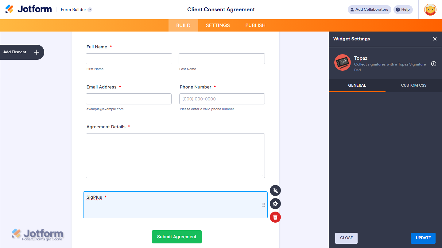 Form Builder showing Topaz widget added to the form in Jotform