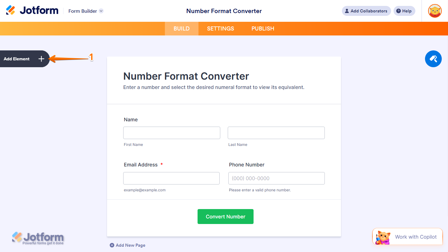 Form Builder showing Add Element button on the left side in Jotform
