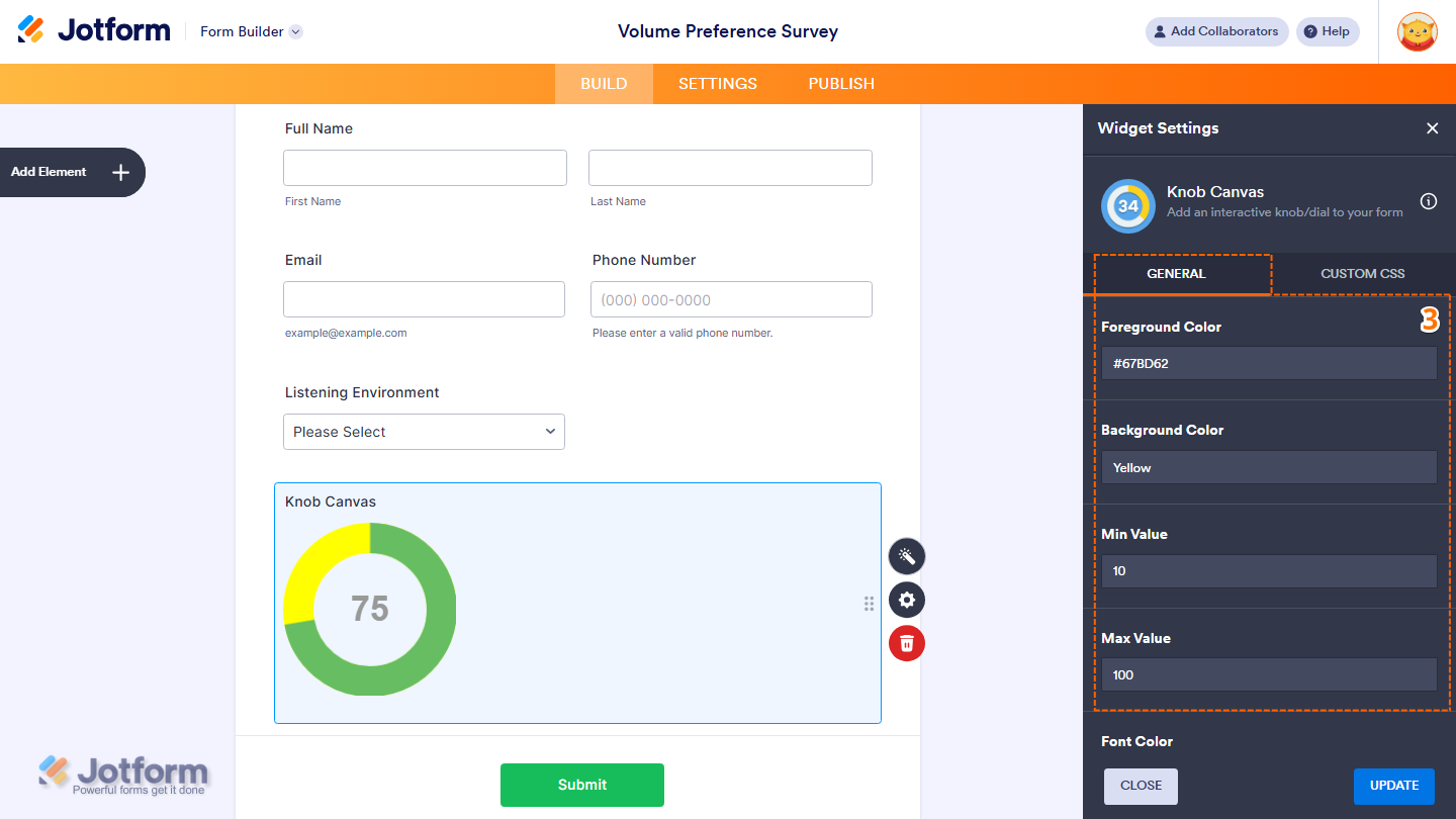 Knob Canvas widget settings showing Font Color Default Value options and Update button in Jotform