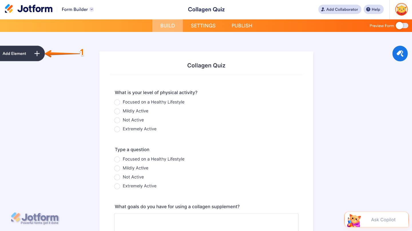 Form Builder interface highlighting the Add Element button on the left panel used to add new fields to a form