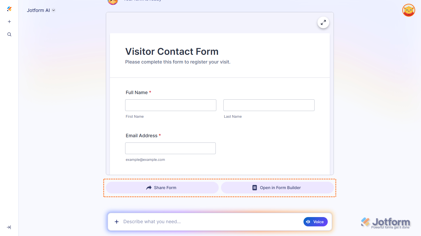 Share Form and Open in Form Builder buttons in the Jotform AI page