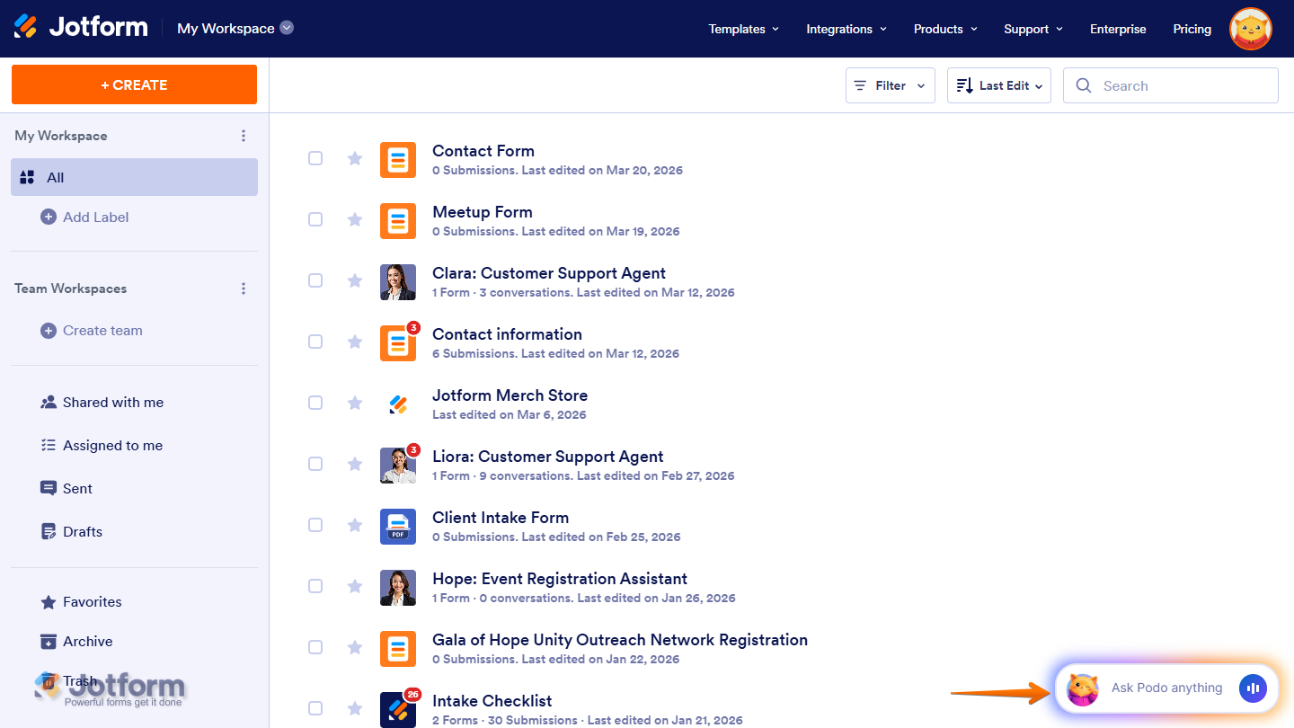 Ask Podo Anything in the Workspace page of Jotform
