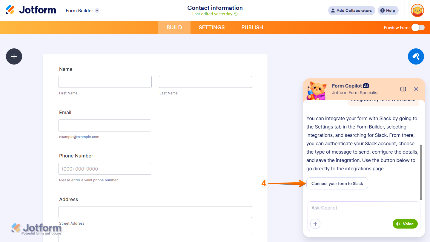 Jotform AI with the Connect to integration button