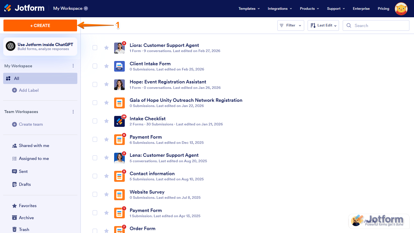 Create button in the Workspace page of Jotform