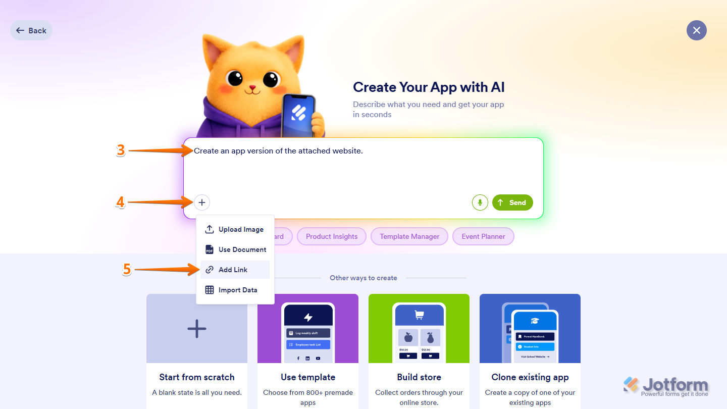 Add Link option of the Create Your App with AI window in Jotform