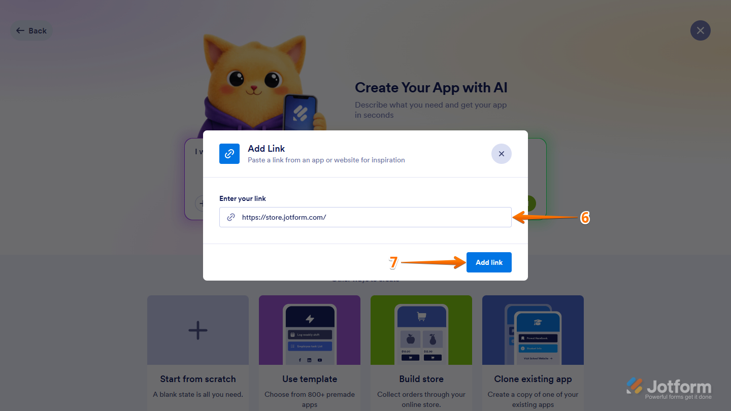Add Link window of Create AP flow in Jotform