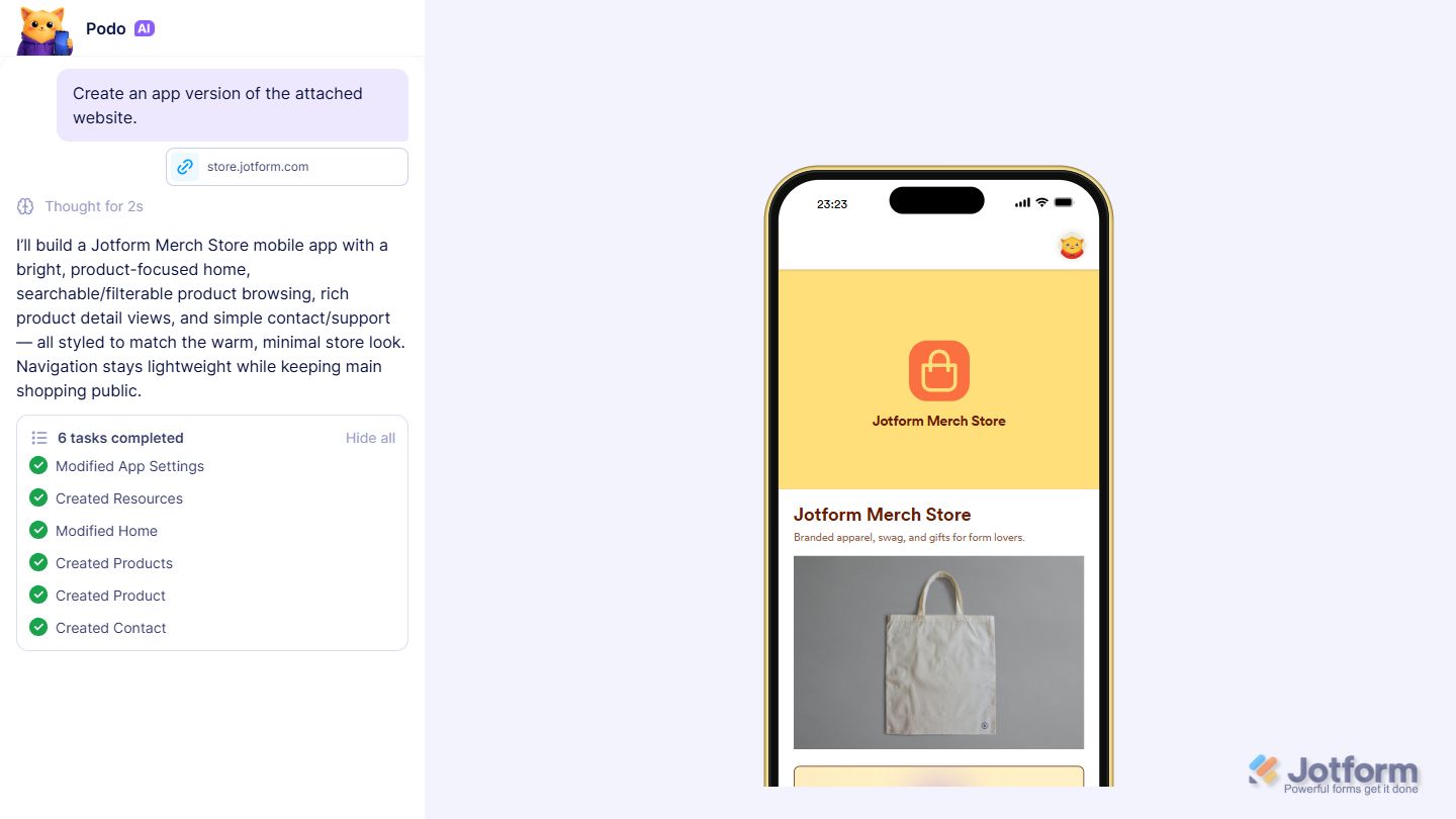 Podo AI creating tasks in Create App flow